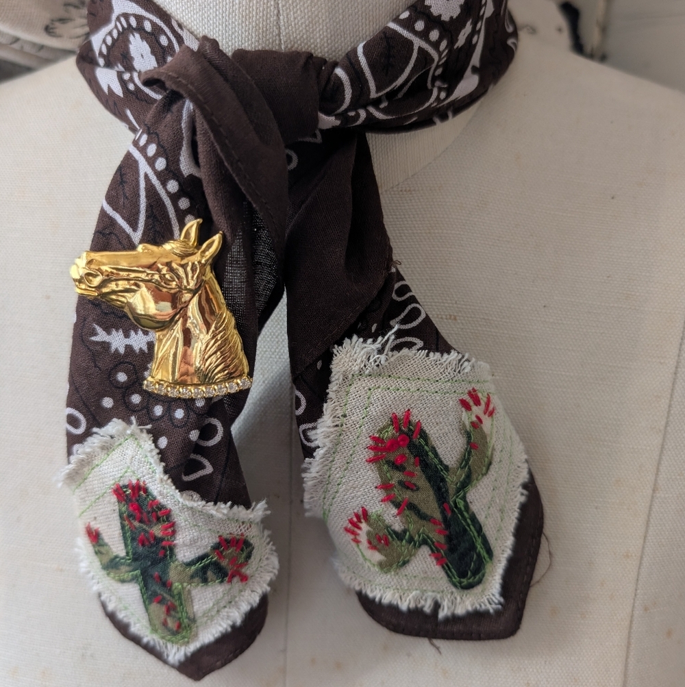 Bandana scarf w cactus, upcycled, embroidery cactus patch, Pick 1 HANDMADE ITEM - Picture 16 of 16